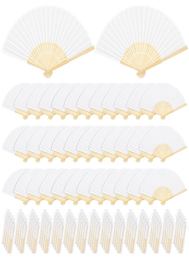 MCEAST 120 Pieces Handheld Fans Silk Bamboo Folding Hand Fans Silk Fabric Folding Fans with Organza Bags for Church Wedding Party Favors Bridal Dancing Props, White - Image 1